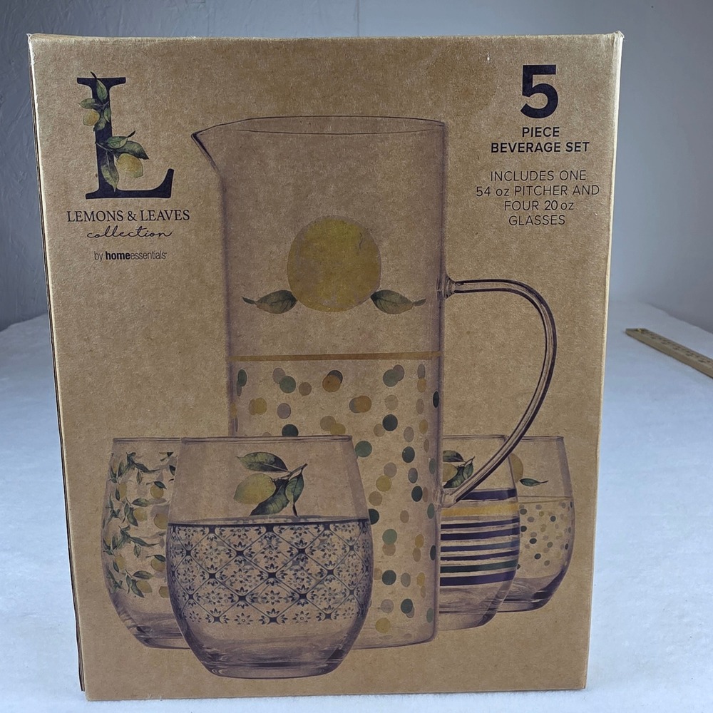 Home Essentials Lemons & Leaves 5 Piece Beverage Set Pitcher and 4 Glasses